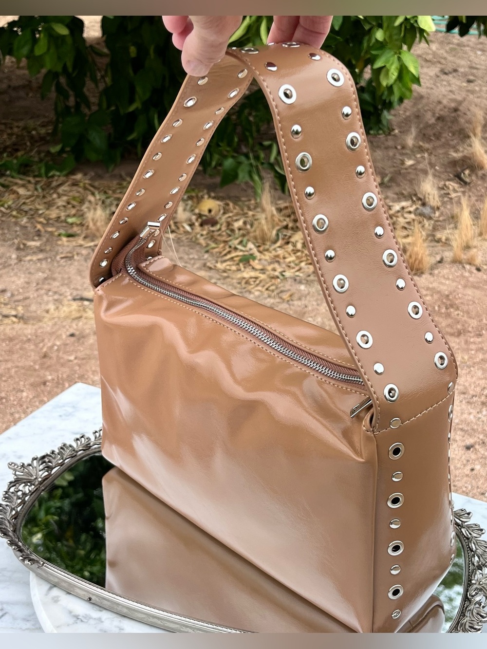 Anarchy Street Wide Boxy Rivet / Grommet Zip Top Bag / Purse, Brown, New in Bag